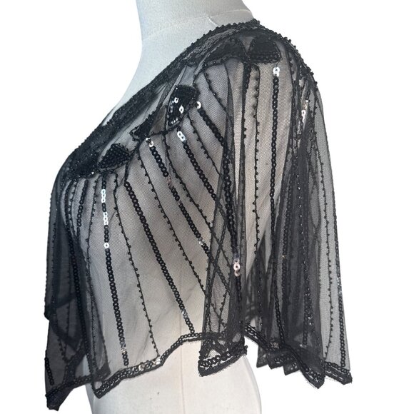 Black Sequin Mesh Geometric Shapes Cape Sheer Evening Wrap NWT - Picture 6 of 14
